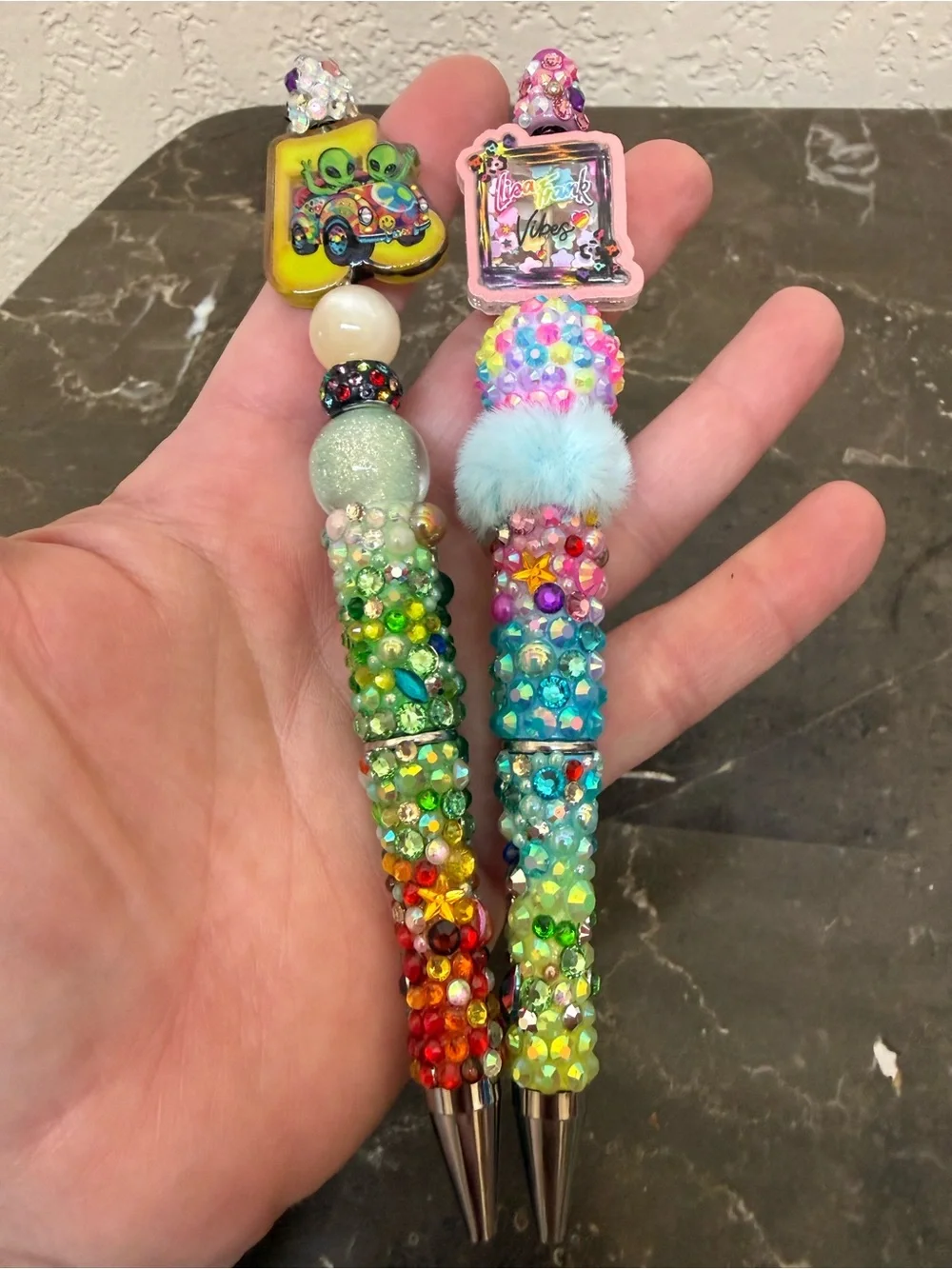 Lisa Frank Aliens Colorful Rhinestone Beaded Pen Set Handmade